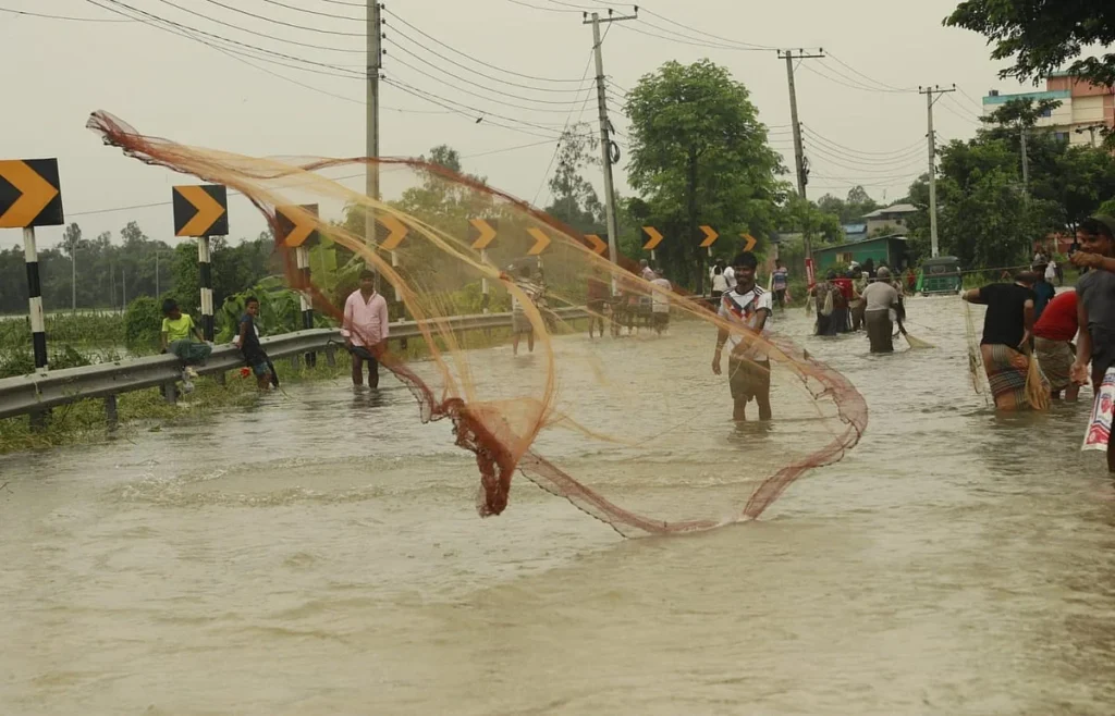 মহাসড়কে থই থই পানি, জালে উঠছে মাছ
